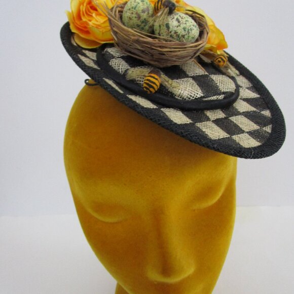 Birds Bees Percher Whimsy Fascinator Hat Yellow Silk Floral - Picture 6 of 11